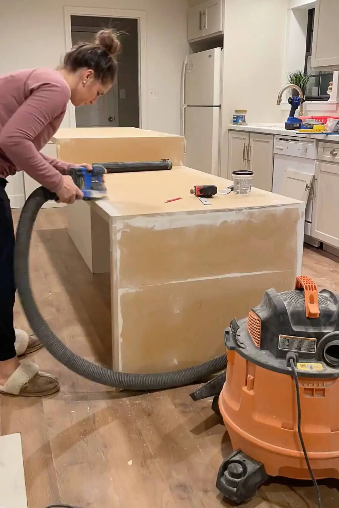 Building a DIY waterfall kitchen island.